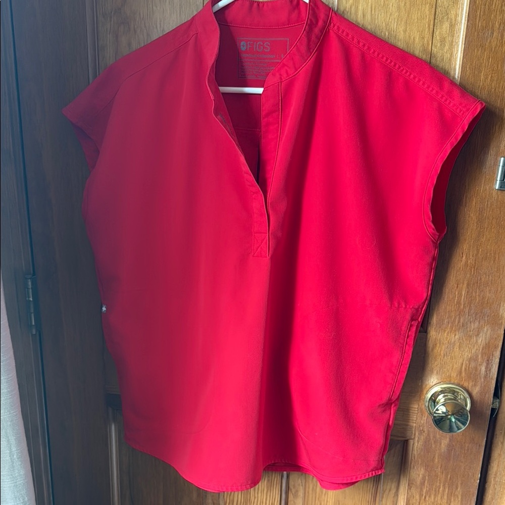 Figs Red Boxy scrub top with Mandarin Collar